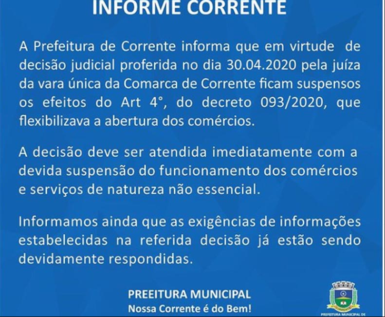Nota da prefeitura de corrente sobre suspensão da atividade comercial no município